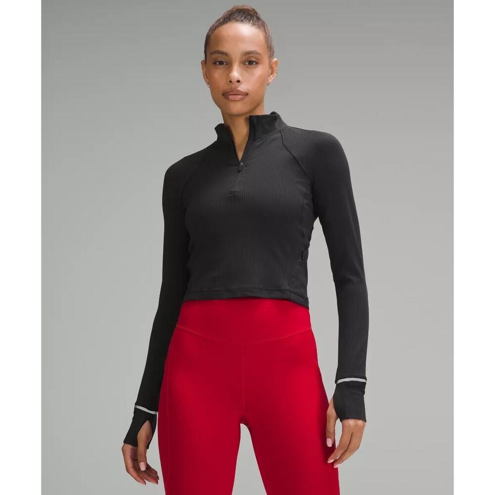 Lululemon It's Rulu Ribbed Cropped Half Zip Size 8 Black Gently Used